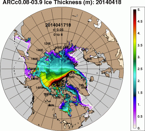 Figure 1. Arctic Sea Ice Thickness (NRL), for April 18, 2014. Look at thick ice (yellow, 3.5-4.0 meters thick) spreading along the north coast of Alaska. See the 30 day animation here.