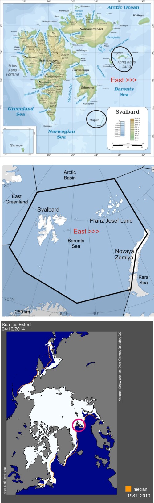 Figure 1. Top, Primary denning areas in the Svalbard Archipelago circled (Kong Karls Land and Hopen Island); Middle, “Barents Sea” popular bear subpopulation boundaries, courtesy PBSG; Bottom, Sea ice extent around Svalbard (circled) as of April 10, 2014, courtesy NSIDC.