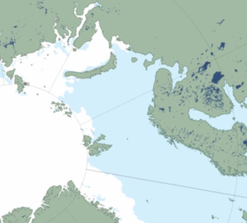 Figure 3. NSIDC sea ice extent at June 21, 2014 (a "MASIE" product), close-up of the Barents Sea region (Svalbard is the large island group in the center of this image, with the Franz Josef Land island group above and to the left of Svalbard). Click to enlarge.