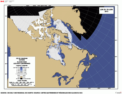 Figure 7. Hudson Bay ice coverage at June 20, 2013. Canadian Ice Service.
