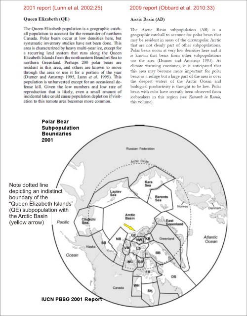 Figure 2. Map of polar bear subpopulation boundaries, from the 2001 PBSG meeting (Lunn et al. 2002) and descriptions of the “Queen Elizabeth Islands” and “Arctic Basin” subpopulations (from Lunn et al. 2002 and Obbard et al. 2010), showing how they are one and the same as far as the PBSG population estimates are concerned.