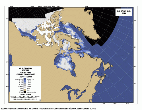 Sea ice extent Canada 2014 July 7 CIS