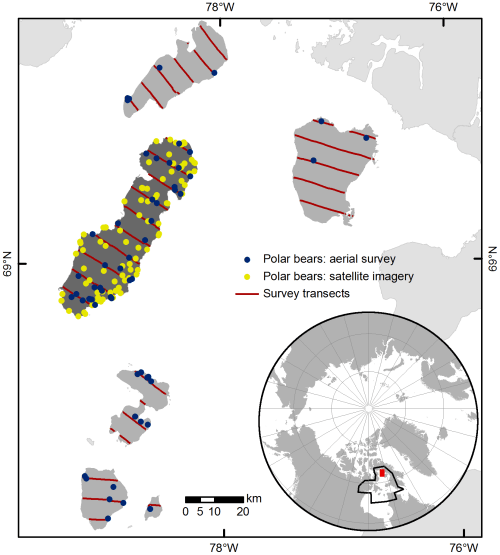 Figure 1. This is where the study was conducted, in Foxe Basin (north of Hudson Bay) in the summer of 2012. Rowley Island is the large one, with the yellow dots. This is Fig. 1 from Stapleton et al. 2014.