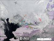 Figure 1. From original caption: “Movements of 13 satellite-tagged polar bears for the month of July, 2014. Polar bears were tagged in 2014 on the spring-time sea ice of the southern Beaufort Sea. All thirteen of these bears have satellite collar transmitters. Polar bear satellite telemetry data are shown with MODIS imagery from 29 July, 2014.”  Note that some of the white areas on the right (along Alaska coast) are clouds, not sea ice; also, one bear is now in Canadian territory and one is in the Chukchi Sea (see Fig 3 below). Click to enlarge, original image here.