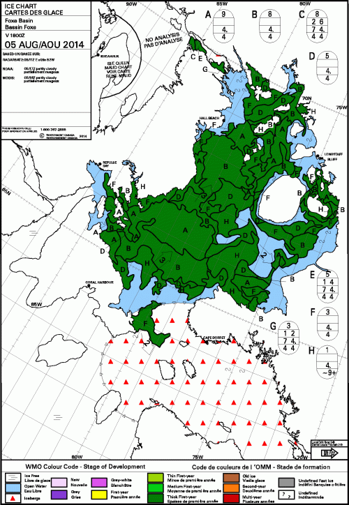 Figure __. Ice chart by age of ice in Foxe Basin, showing extent of thick first year ice at August 5, 2014. Canadian Ice Service.