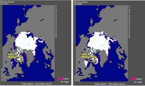 Arctic sea ice 2009 vs 2014 NSIDC BIST Foxe Basin marked_PolarBearScience