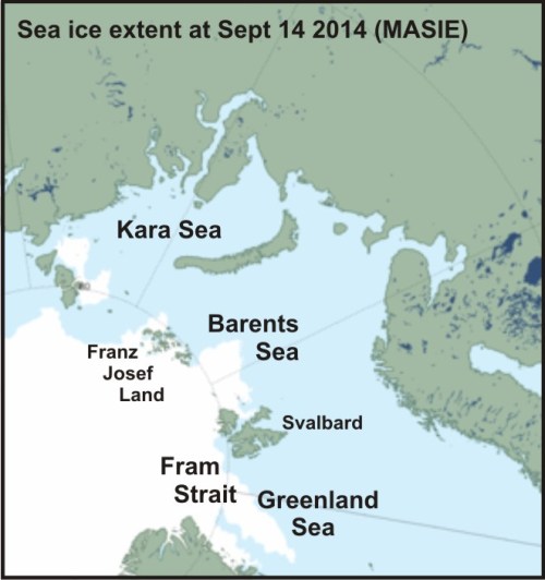 Figure 2. Closeup of the sea ice in the Barents Sea (according to MASIE) at September 14, 2014 with pertinent location labels added.