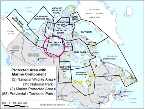 Figure 2. M’Clintock Channel polar bear subpopulation, circled. Modified from the map of polar bear protected areas provided by Environment Canada