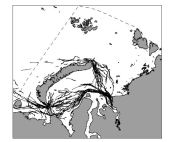 Figure 1 from Matishov et al. 2014, showing the study region and tracks of ice-breakers used to count bears. Original caption: “Position of ice-breaker routes providing the count of polar bears in the Kara and Barents seas from 1997 until 2013 for 32 counted routes. The dashed line indicates the approximate boundaries of habitat of the subpopulation of polar bears of the Kara Sea [4].”