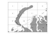 Figure 2 from Matishov et al. 2014, showing areas covered by the survey in 2013. Original caption: “Schematic map of division of the counted territory in January–March 2013 into 16 sectors of separate extrapolation. Circles, triangles, and squares mark the meetings of individual bears, females with one bear cub, and females with two bear cubs, respectively.”