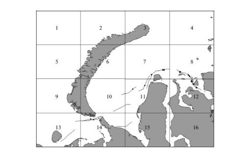 Figure 2 from Matishov et al. 2014, showing areas covered by the survey in 2013. Original caption: “Schematic map of division of the counted territory in January–March 2013 into 16 sectors of separate extrapolation. Circles, triangles, and squares mark the meetings of individual bears, females with one bear cub, and females with two bear cubs, respectively.”