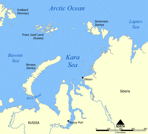 The Kara Sea is a largely enclosed, shallow sea that is ice-free for the summer months and essentially covered with first year ice during the winter and spring. Map courtesy Wikipedia.