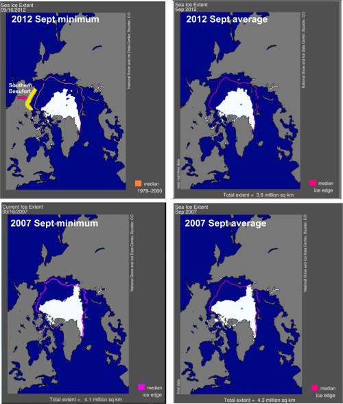 Sea ice extent 2012 vs 2007 comparison Southern Beaufort