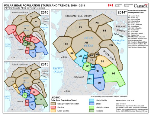 Figure 2. Most recent global polar bear population status assessment (far right), using figures from the IUCN Polar Bear Specialist Group assessment (2013) and Environment Canada (May 2014). Note that of the two subpopulations denoted as being on a likely declining trend, BB (Baffin Bay) is suspected to be declining due to over-hunting and SB (Southern Beaufort) had an unfinished rebound caused by thick spring ice conditions in 2004-2006; a more recent survey (2012) indicated SB numbers were higher than the previous 10 years. Note the improvement since 2010 (upper left) and even 2013 (lower left). Note also the number of regions considered “data deficient,” which have had no population survey or no recent one.