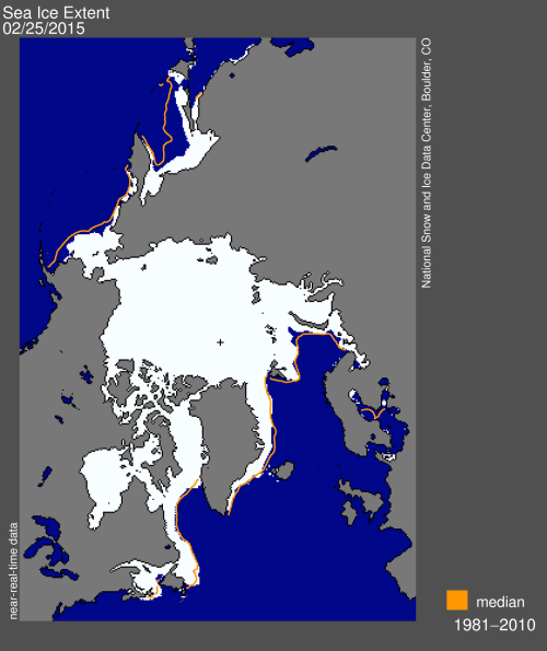 Sea ice extent 2015 Feb 25 NSIDC