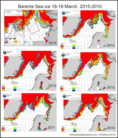 Figure 5. Sea ice concentration maps for 18th or 19th of March, 2015-2010. Norwegian Ice Service.