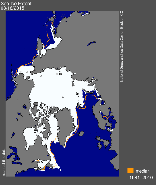 Figure 2. Sea ice extent at 18 March 2015. NSIDC.