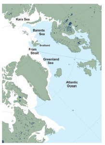 Figure 3: Sea ice extent around Greenland and the Barents Sea at 8 March 2014 NSIDC MASIE sea ice product. 