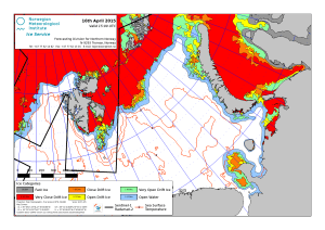 Figure 4. Barents Sea ice (Norwegian Ice Service, 16 April 2015) is lower than average in 2015 for this date and lower than the last few years (see “Icechart Archive”). However, there appears to have been enough ice over the last few weeks for females that spent the winter in land-based dens to get their new cubs out onto the ice and begin hunting. Once they are on the ice, they can travel with it as it moves.