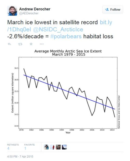 Derocher tweet 2015 April 7 claims March ice is polar bear habitat