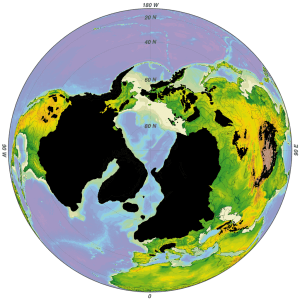 Figure 1. Usual depiction of ice age effects at the Last Glacial Maximum, ca. 26,000-11,500 years ago, emphasizing continental ice sheets and land bridges. Original here, courtesy Wikipedia.