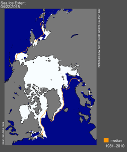 Figure 2. Sea ice extent at 22 April 2015 (13.976 mkm2), courtesy NSIDC. Note Bering Sea ice is about average, top left of map, but ice in Davis Strait in Eastern Canada (bottom centre) is well above average.