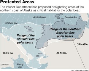  Figure 2. Chukchi Sea and Southern Beaufort Sea polar bear habitat overlaps along much of the north coast of Alaska (about 1/2 of "critical habitat" designated: map accompanying "Polar Bear Habitat Proposed for Alaska" (New York Times, October 22, 2009)
