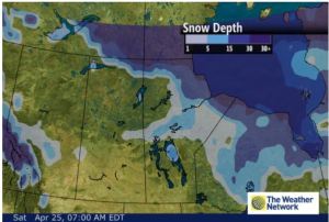 Figure 2. Snow depth over North America, including Hudson Bay, at 25 April 2015. Courtesy The Weather Network.