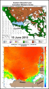 Figure 6. Beaufort Sea ice age for the week of 15 June 2015 (top), CIS; Beaufort sea ice concentration at 17 June 2015 (bottom), NRL. Click to enlarge.