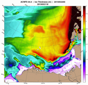 Figure 2. Sea ice thickness map for 22 May, 2015 (courtesy Navy Research Laboratory), the same day as Fig. 1 above. Multiyear pack ice offshore and compressed ice nearshore (green/yellow/red areas) would be poor seal hunting habitat for polar bears, given the 3-5 m (10-16 ft) thickness. Most of the region shown in Fig. 1 lies below 760N latitude on this map (which is a different projection). Click to enlarge.