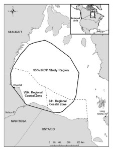 Figure 8. Defining breakup for WHB polar bears when sea ice coverage reaches 30% over western Hudson Bay, from Cherry et al. 2013. Click to enlarge.