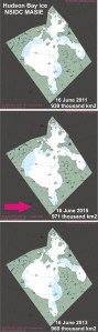 Figure 2b. Sea ice coverage at 16 June 2015 (centre) vs. 2011 (top) and 2013 (bottom). NSIDC Masie charts. Click to enlarge.