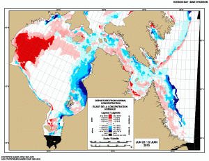 Figure 1. Hudson Bay sea ice, difference from average at 22 June 2015. Blue is less than average, red is more than average. CIS. 