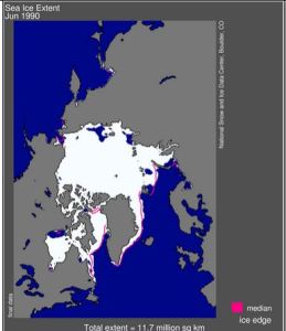 Figure 4. Sea ice extent average for June 1990 (end of June), according to NSIDC. Breakup for Hudson Bay in 1990 was said to have occurred at the beginning of June (2-6). How is that possible with this much ice showing as the June average (which is usually quite similar to the extent for the end of the month). Click to enlarge.
