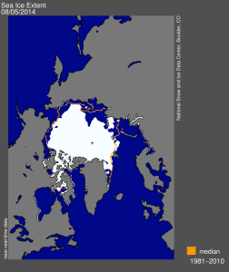 Figure 3. Sea ice extent at 5 August 2014. Almost everywhere except Svalbard was below average.