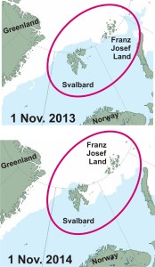 Figure 2. Barents Sea ice coverage at 1 November 2013 (top) and 2014 (bottom). Click to enlarge.
