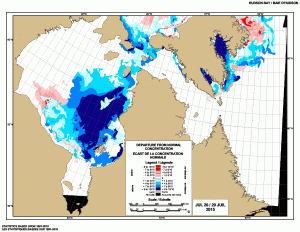 Departure from normal sea ice concentration on Hudson Bay for 20 July 2015. Click to enlarge.