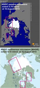 Sea ice extent at 16 Aug 2015 MASIE vs NSIDC passive mw