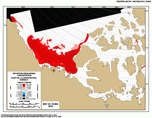 Western Arctic ice departure from normal weekly at 23 May 2016