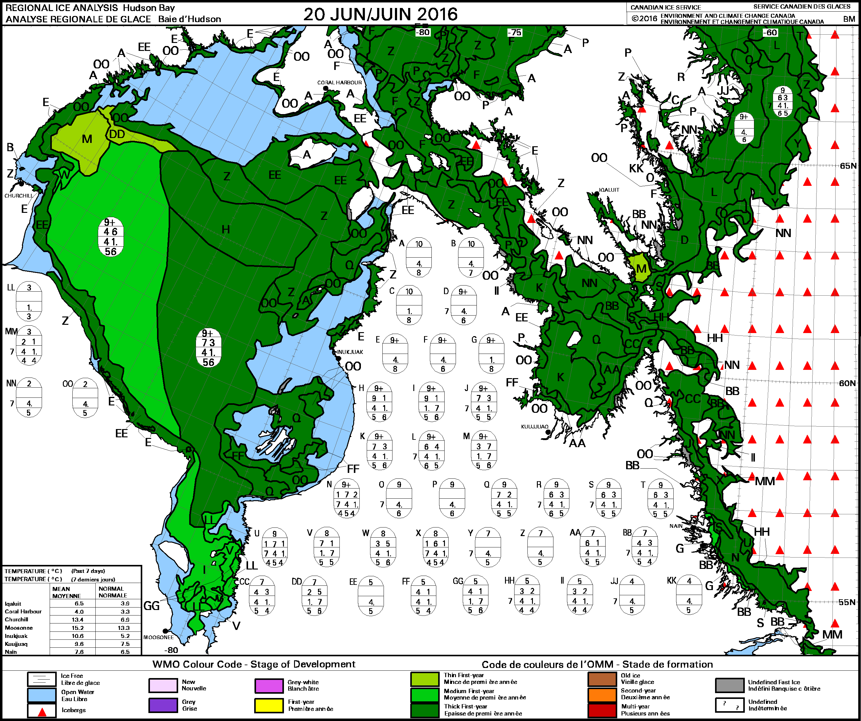 Hudson Bay ice age weekly at 20 June 2016