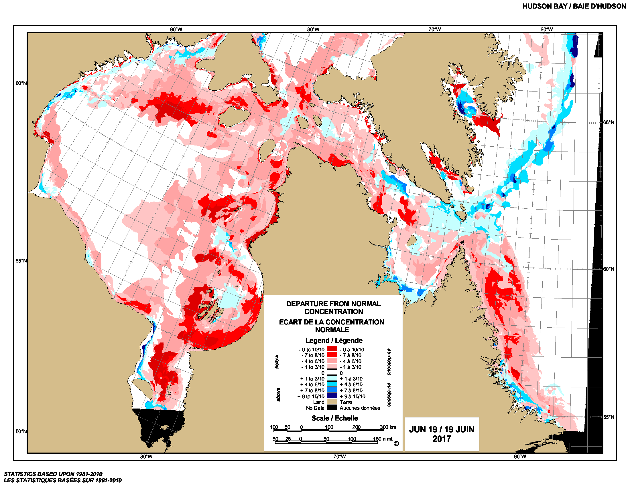 Hudson Bay weekly departure from normal 2017 June 19