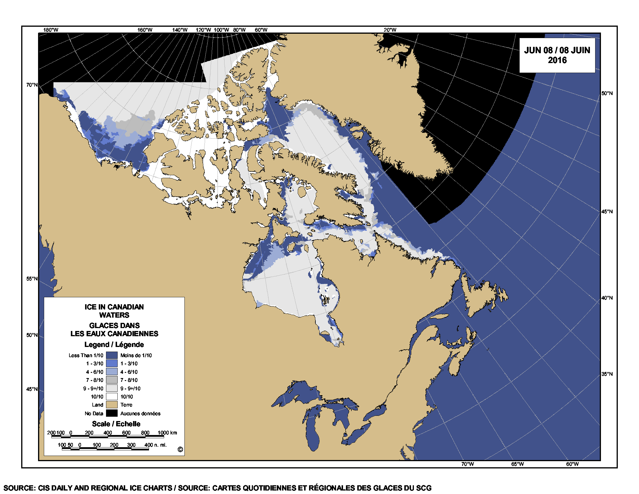 Sea ice extent Canada 2016 June 8 CIS