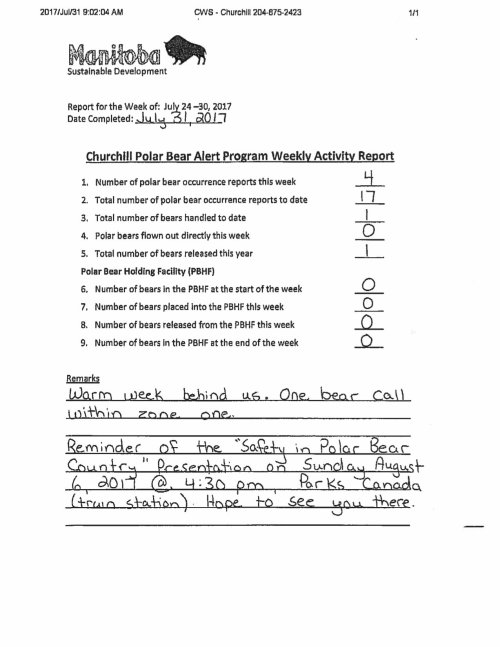 Churchill PB reports_week 3_ July 24-30_2017