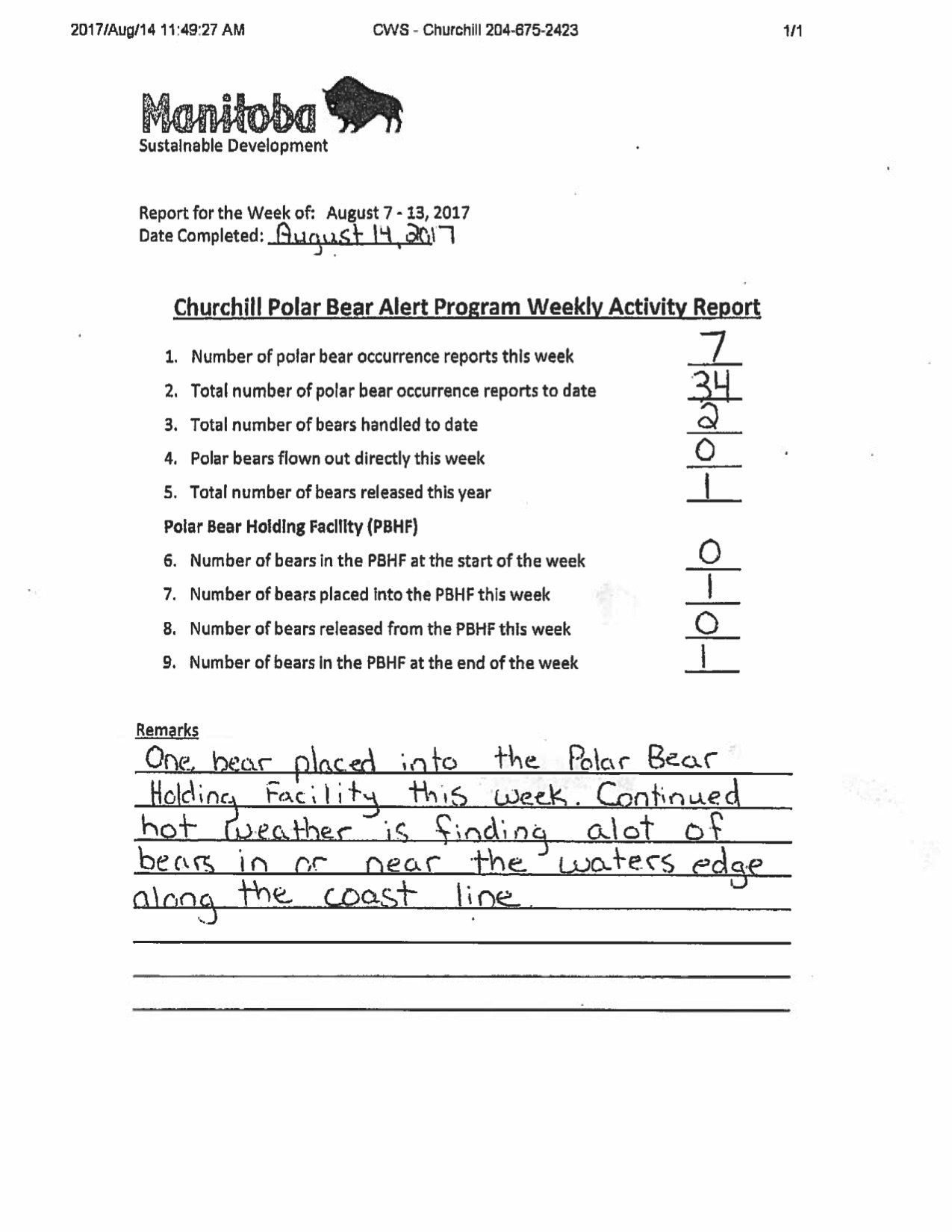 Churchill PB reports_week 5_ Aug 7-13_2017