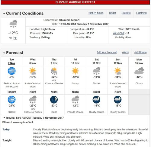 Churchill weather 2017 Nov 7