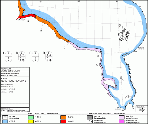 Hudson Bay South daily ice concentration 2017_Nov 7 greater than 15 cm