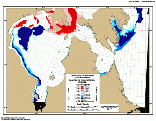 Hudson Bay weekly departure from normal 2017 Nov 20