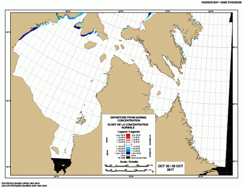 Hudson Bay weekly departure from normal 2017 Oct 30