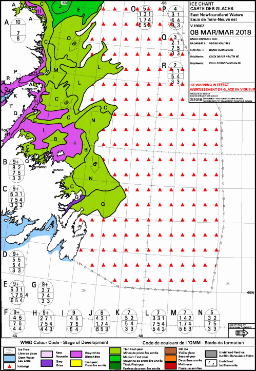 Newfoundland daily sea ice stage of development 2018 March 8 ice warning