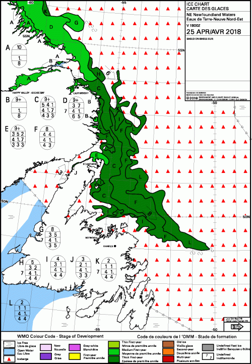 Newfoundland daily sea ice stage of development 2018 April 25